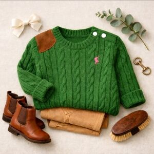 Polo Ralph Lauren Girls Cable-Knit Cotton Sweater Faux-Suede Shoulder Patch 3T